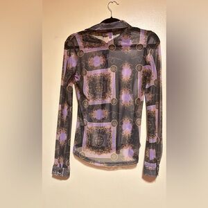 Women's Sheer Geometric Print Top - Purple and Black